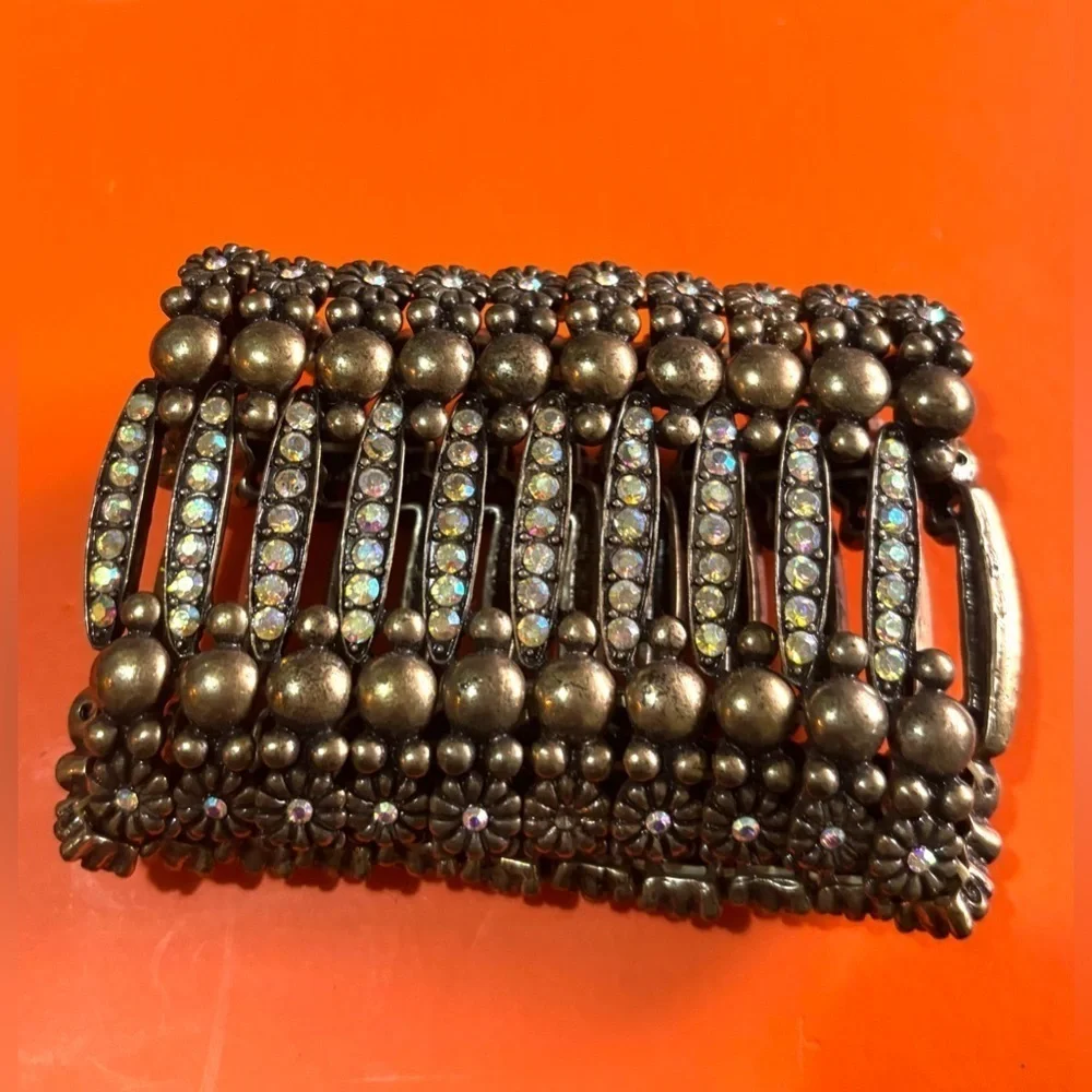 Vintage antique brass expandable multi rhinestone stretchy bracelet one size